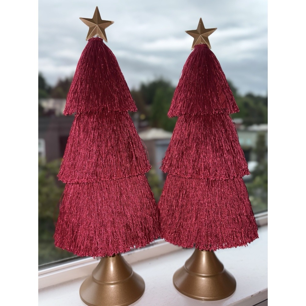Set of 2 Red Tassel Christmas Trees Gold Star Toppers Tabletop Holiday Decor